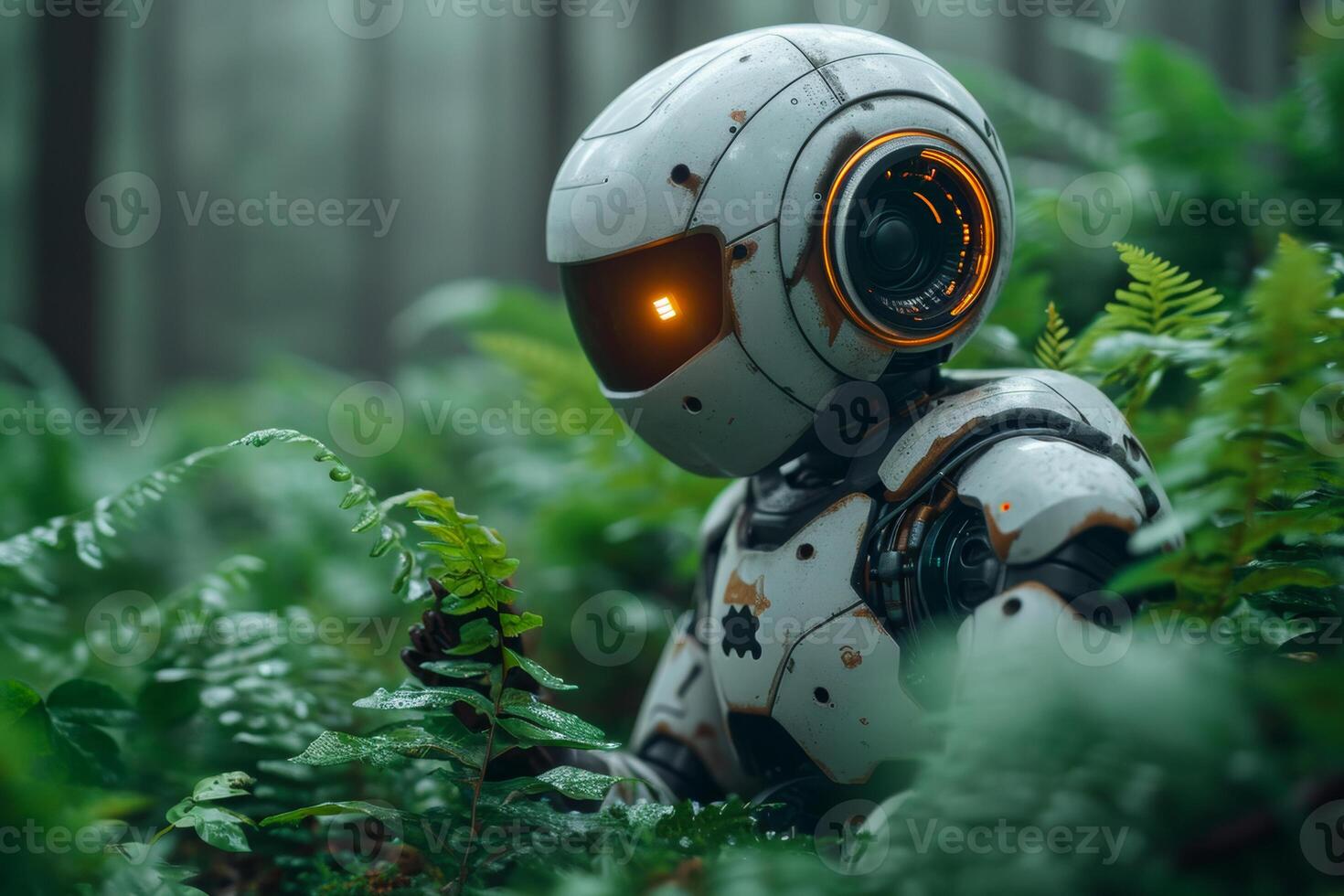 AI generated Robot exploring the forest. Robot looking at the green sprout photo