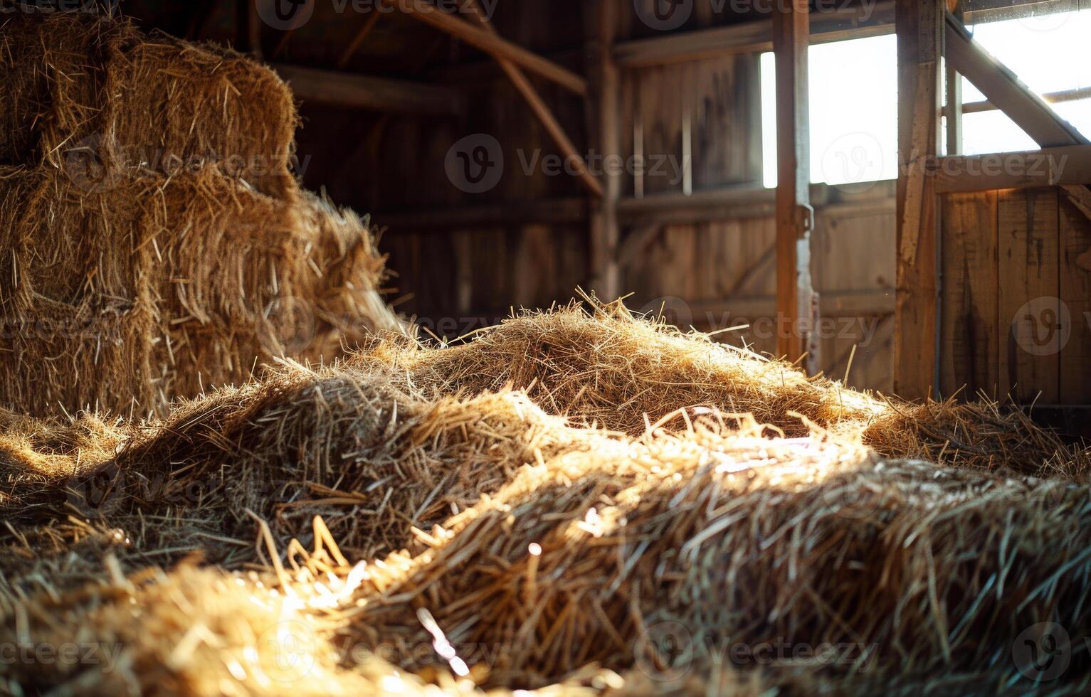 AI generated Hay bales and straw in barn. A pile of hay in the barn photo