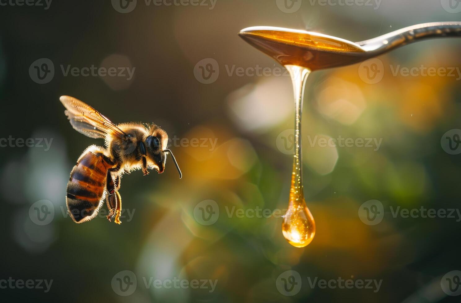 ai generado abeja es volador a el miel cazo foto