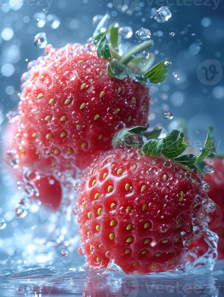 AI generated Strawberries falling into the water with air bubbles photo