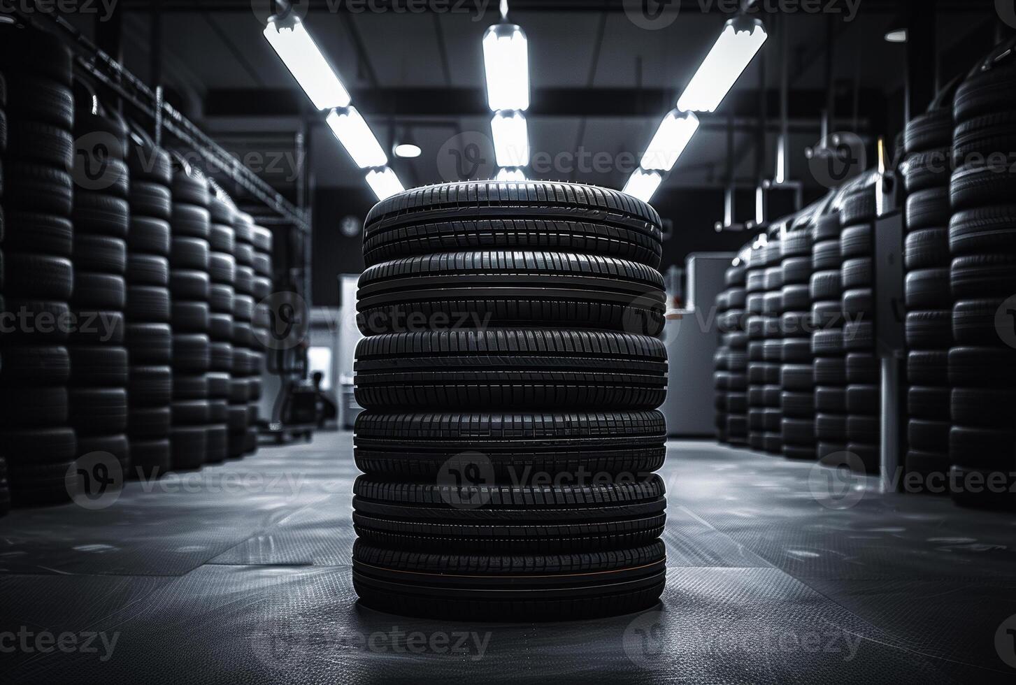 AI generated Tires for sale at tire store. A stack of new tires is stacked high in the garage photo