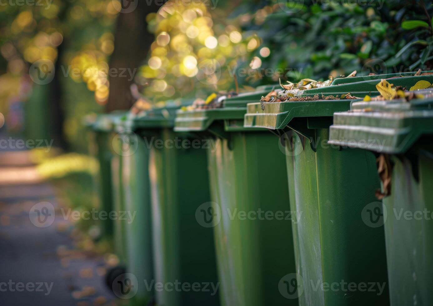 AI generated Green garbage bins in the park photo