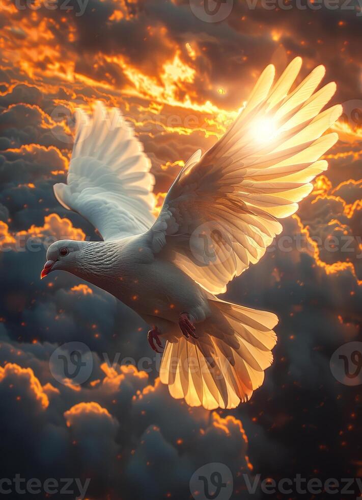 AI generated Dove in the air with wings wide open in-front of the sun photo