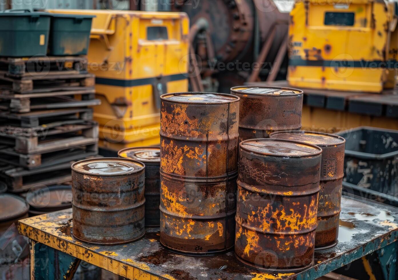 AI generated Old rusty barrels and oil drums on table photo