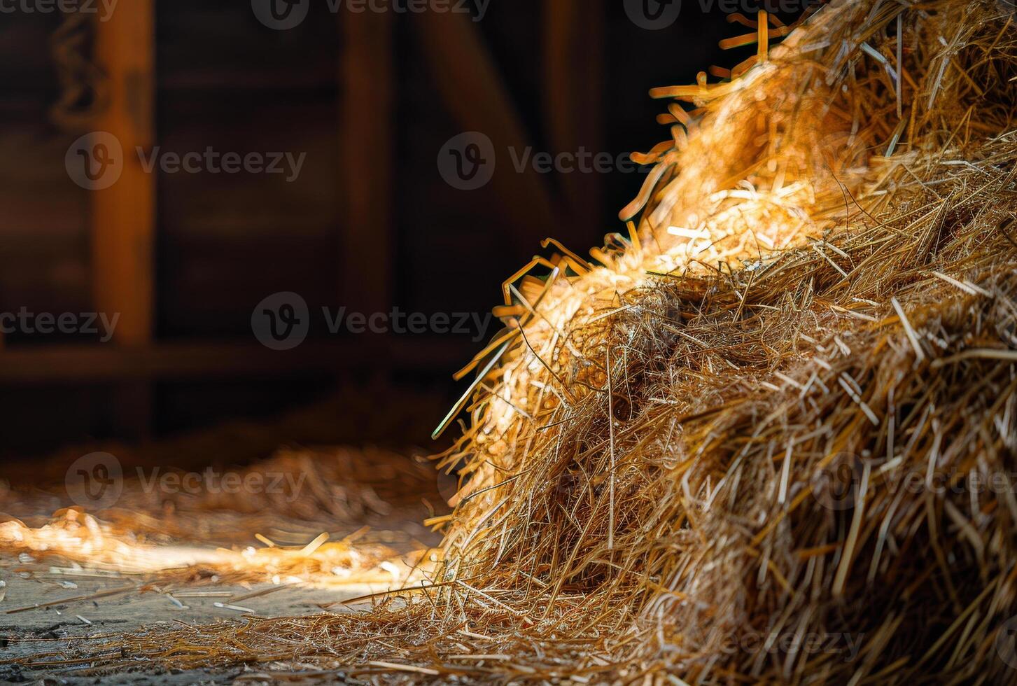AI generated Hay bales in the barn with sunlight coming through the wooden slats photo