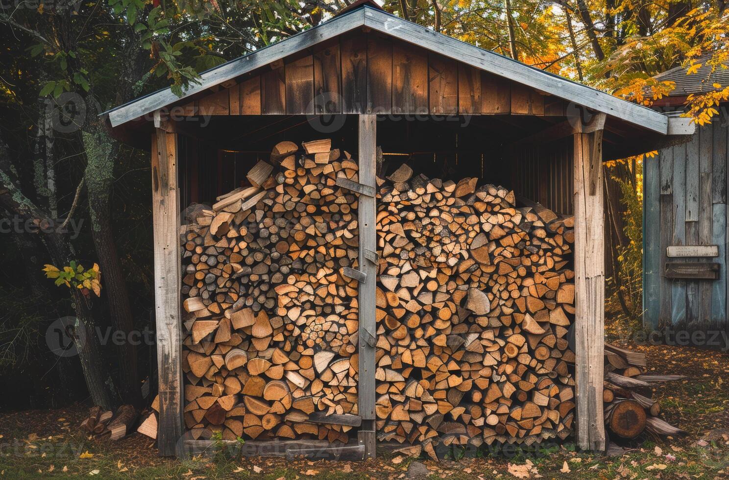 AI generated Shed is filled with firewood. A photo of firewood stacked in an outdoor shed