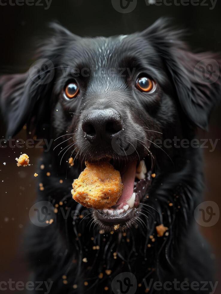 ai generado negro perro es comiendo galleta con sus boca amplio abierto. un perro comiendo un pedazo de comida y demostración su dientes foto