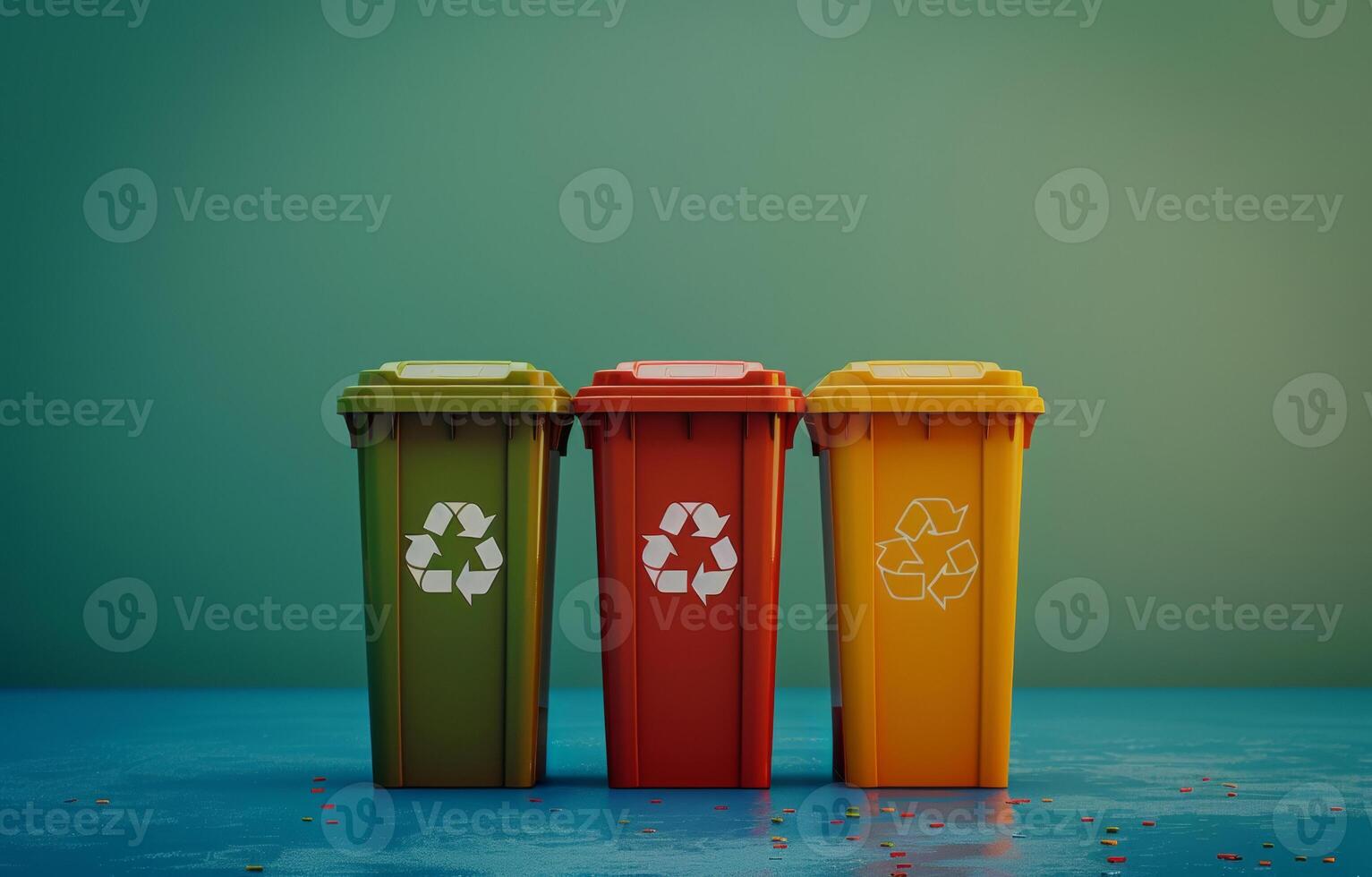 AI generated Three trash cans in row isolated on green background photo