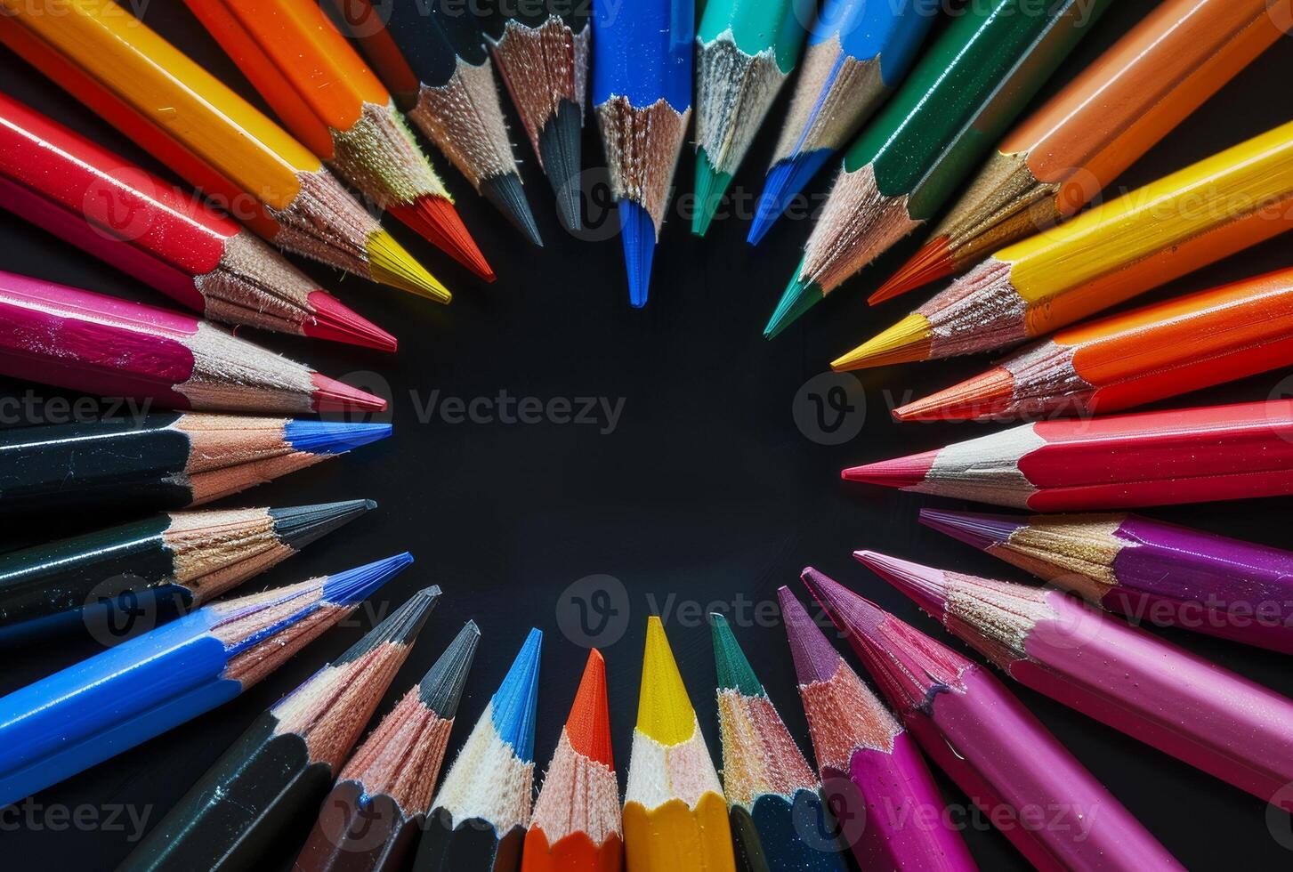 AI generated Colored pencils in circle on black background photo