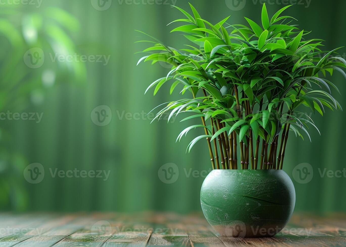 AI generated Green bamboo plant in the pot at the wooden table photo