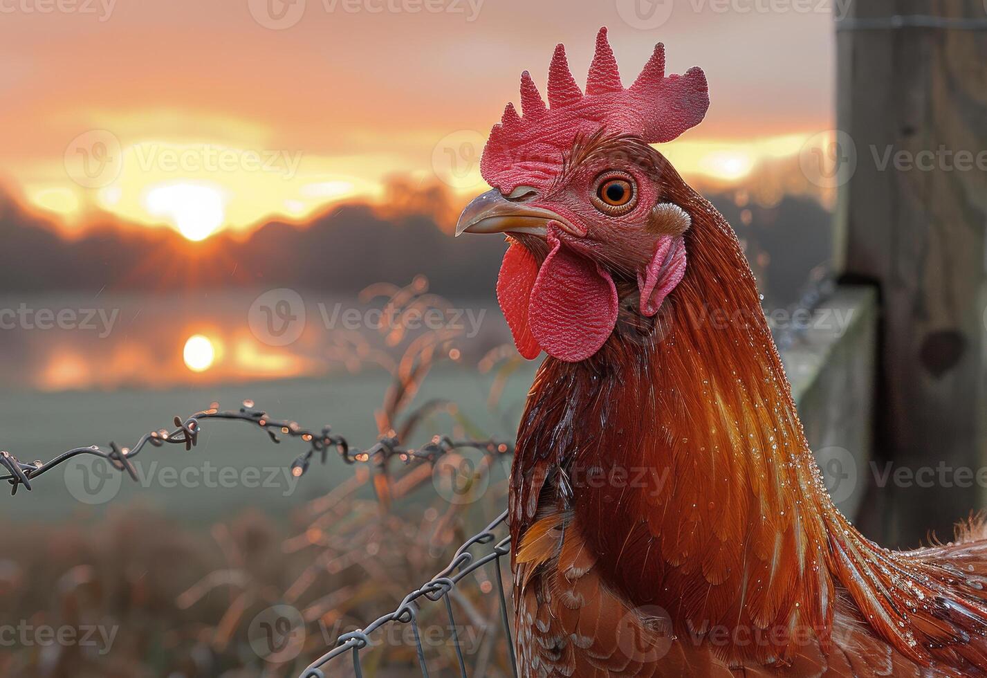 AI generated Rooster is perched on fence with sunset in the background. photo