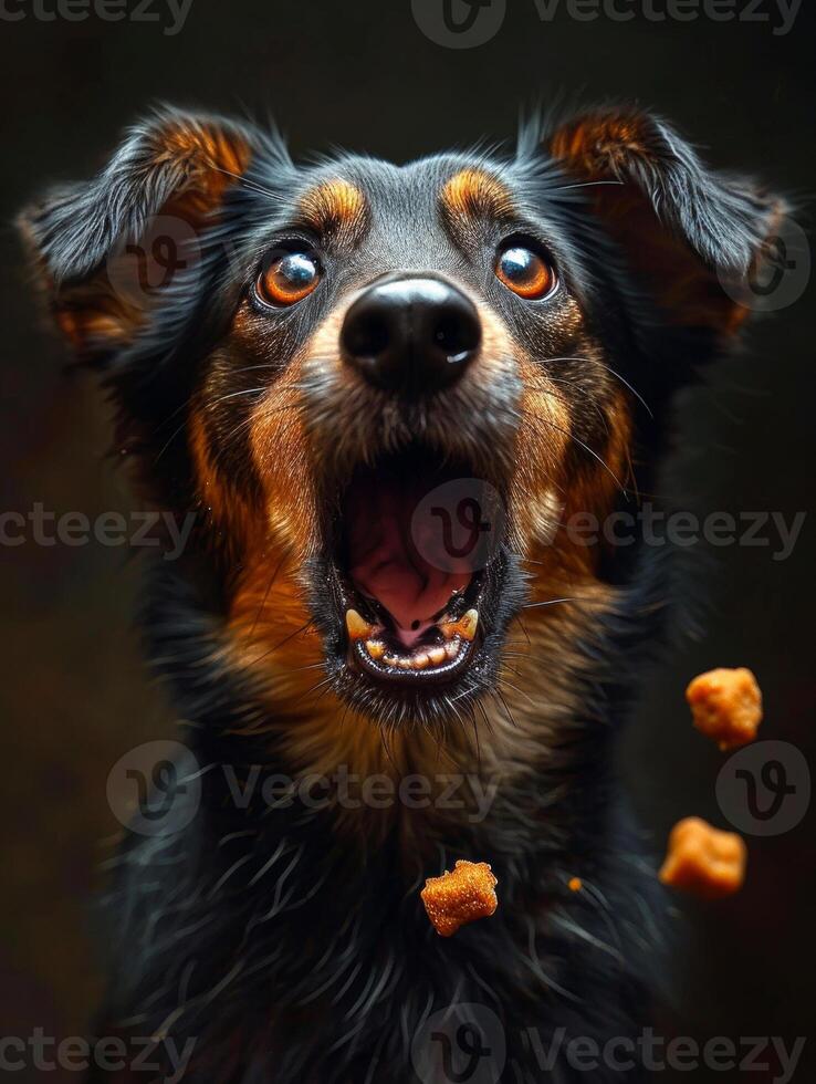 AI generated Dog is jumping to catch treat. A large dog catches one piece of food photo