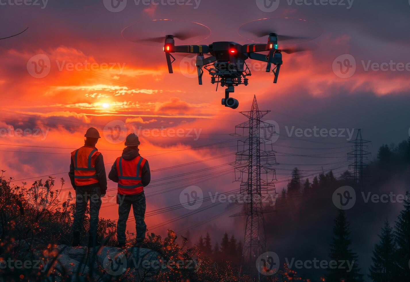 AI generated Professional drone and two workers are flying over the power lines inspection and inspection of the equipment at sunrise. photo