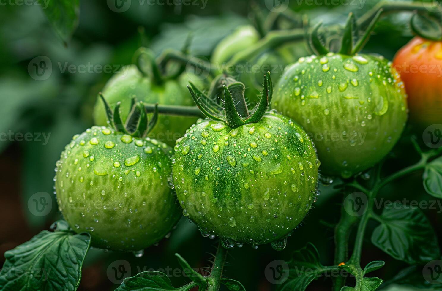 AI generated Green tomatoes on branch in the garden photo