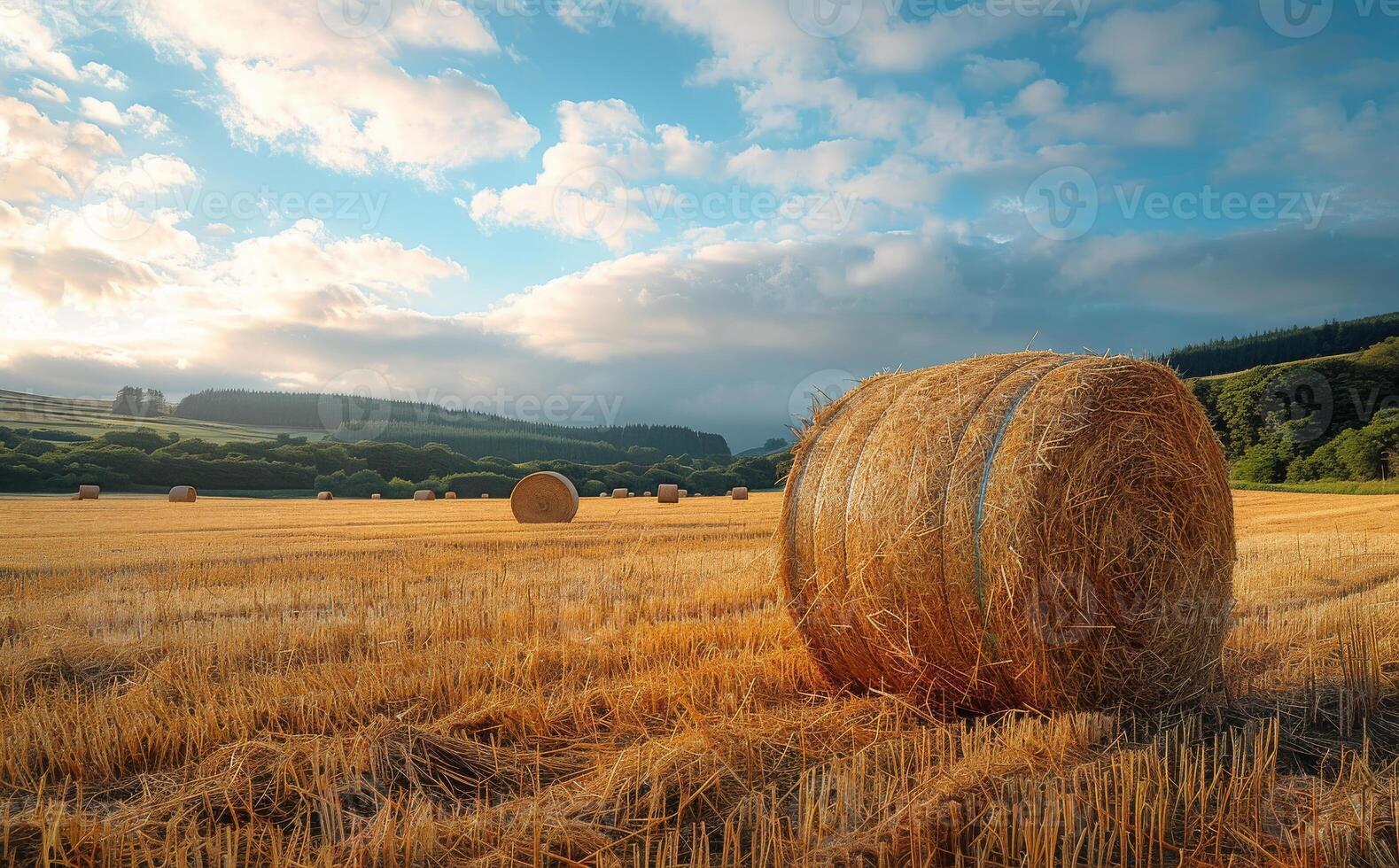 AI generated Hay bales in field at sunset photo