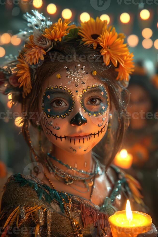 AI generated a little girl in sugar skull makeup holding a candle and wearing flowers photo