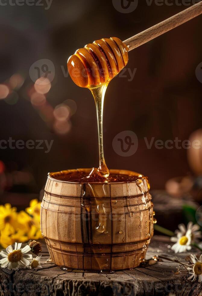 AI generated Honey dripping from wooden honey dipper in jar on wooden rustic background photo