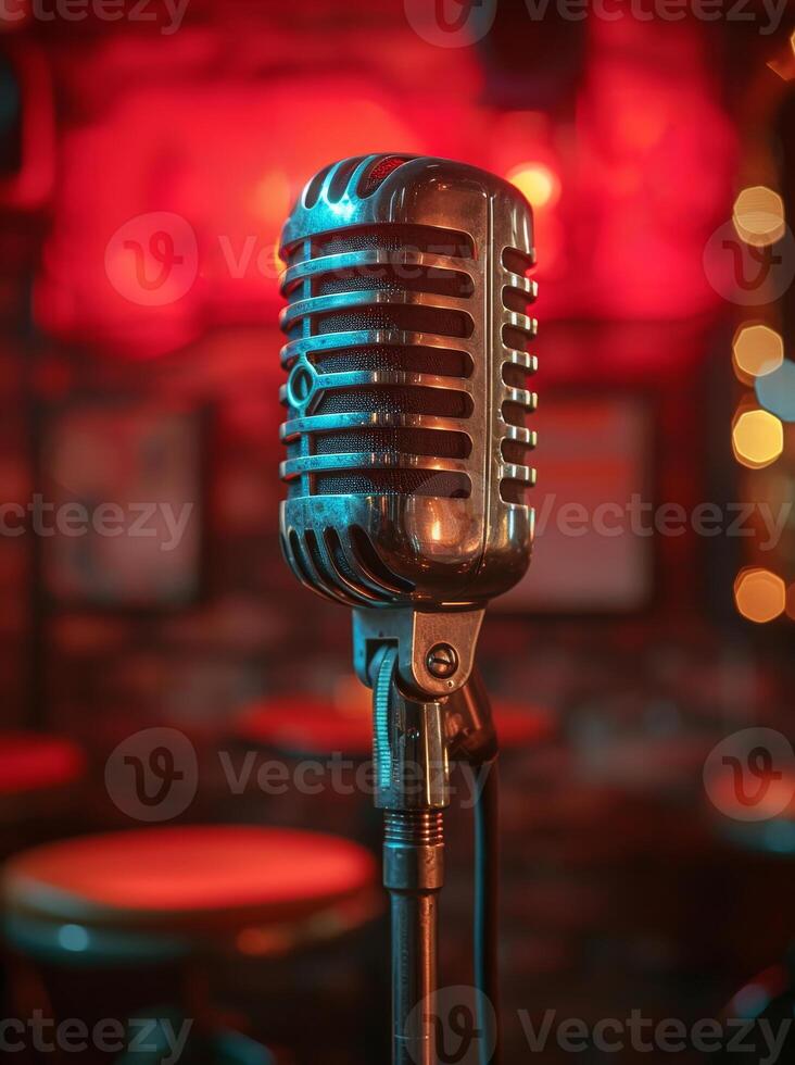 AI generated Vintage microphone on stage in pub photo
