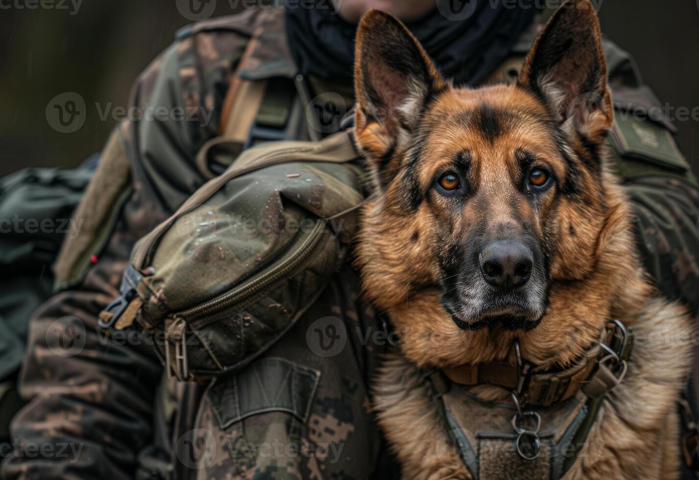 AI generated German shepherd dog sits on the shoulder of soldier in military uniform photo