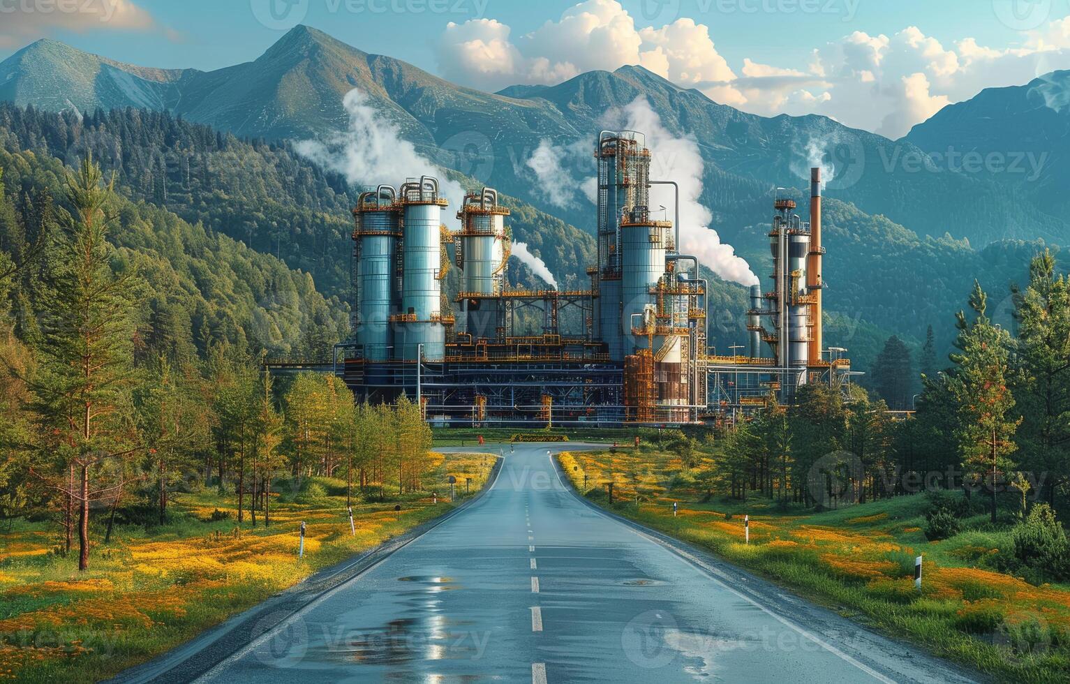 AI generated Industrial landscape with the image of road in the mountains photo