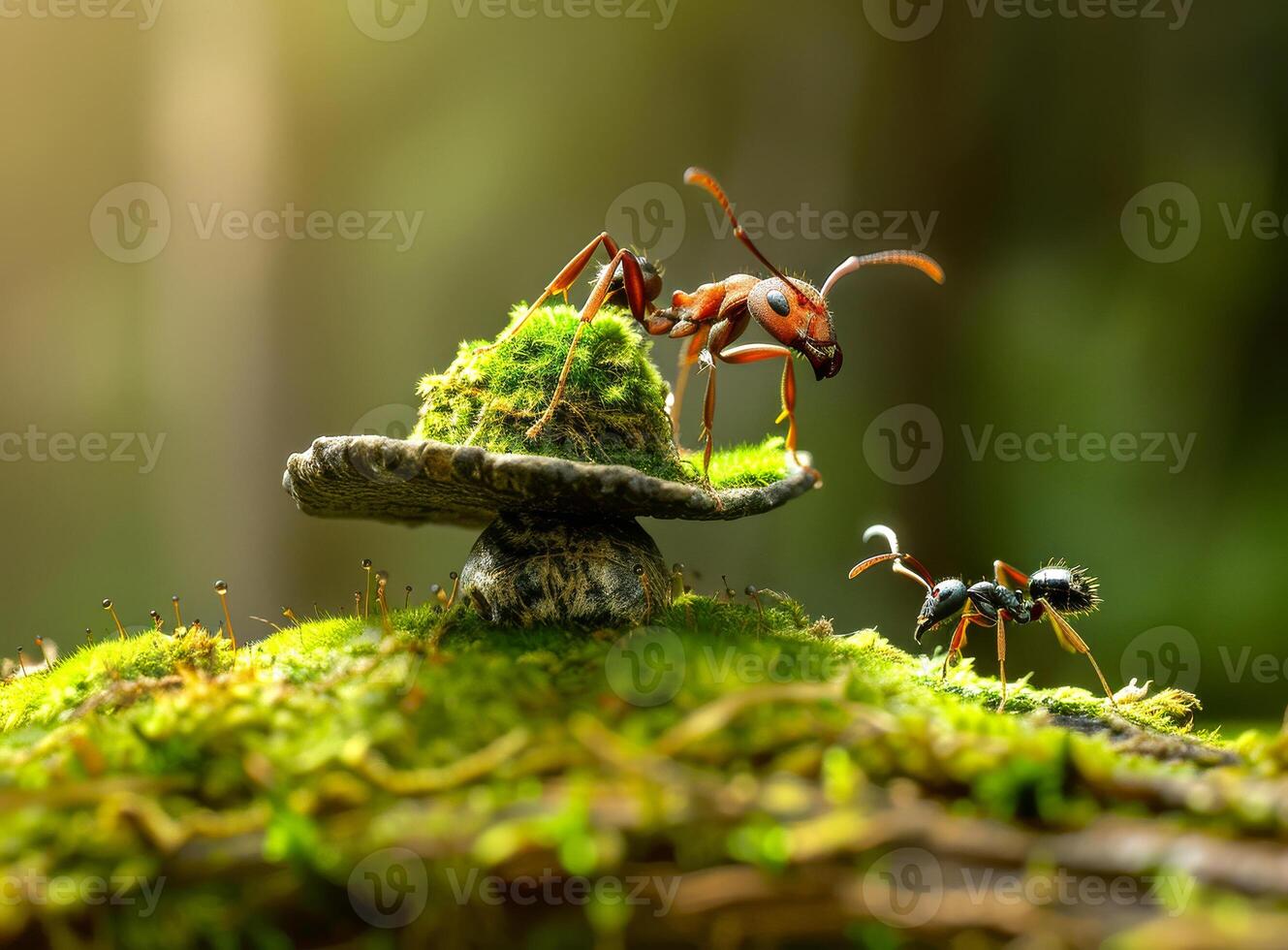 AI generated Two ants are fighting over mushroom in the forest. photo