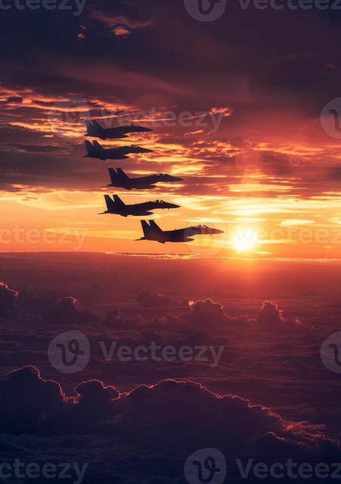 ai generado militar combatiente chorros volador alto en el cielo a puesta de sol foto