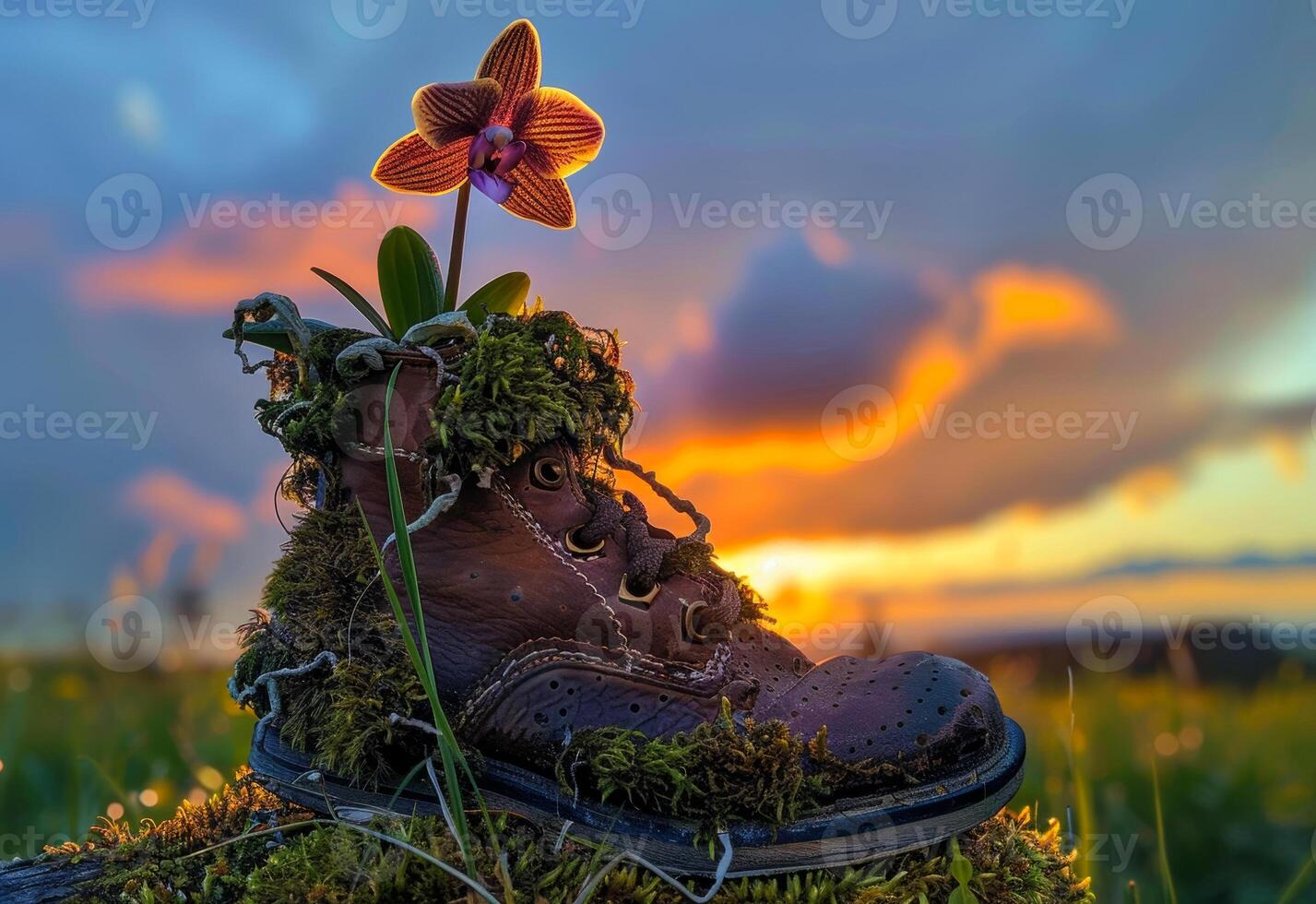 AI generated Shoe is decorated with flowers and moss photo