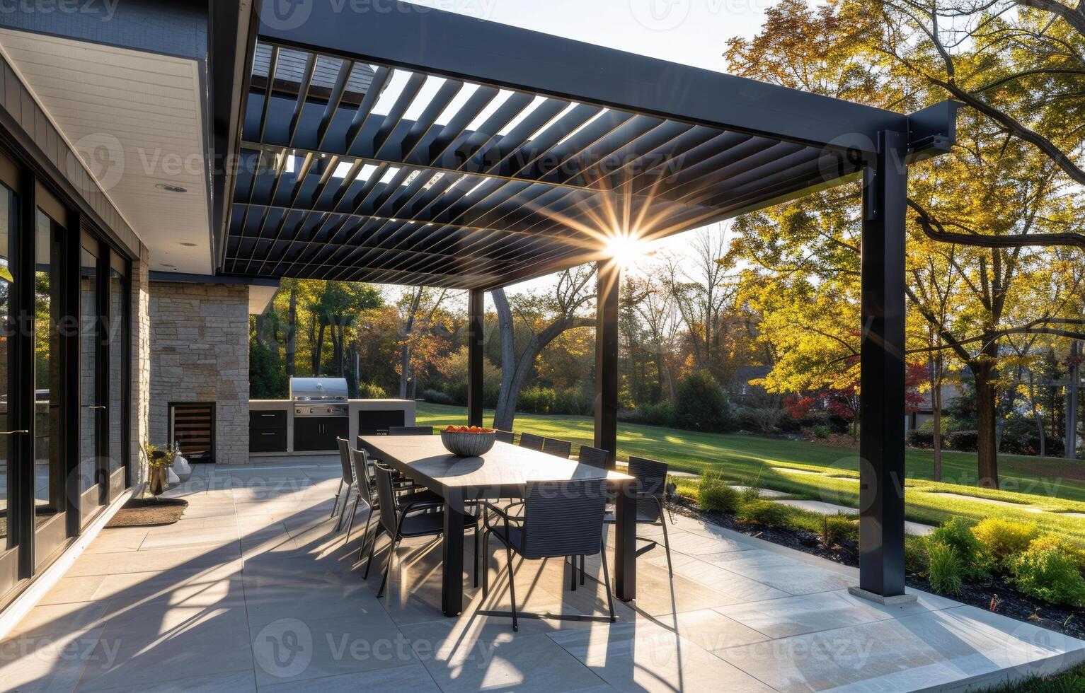 AI generated Pergola provides shade and place to relax on the patio photo