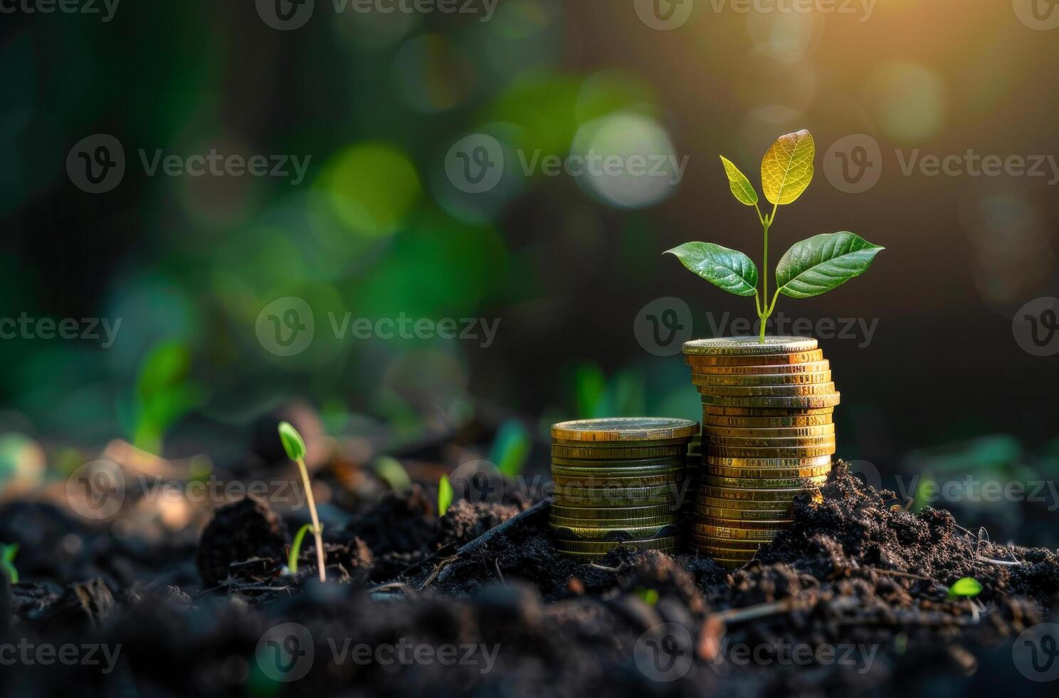 AI generated A stack of coins growing from the ground with green leaves. Business investment and money management for the future. photo