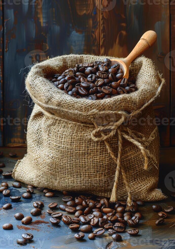 AI generated Roasted coffee beans in burlap bag on wooden table photo