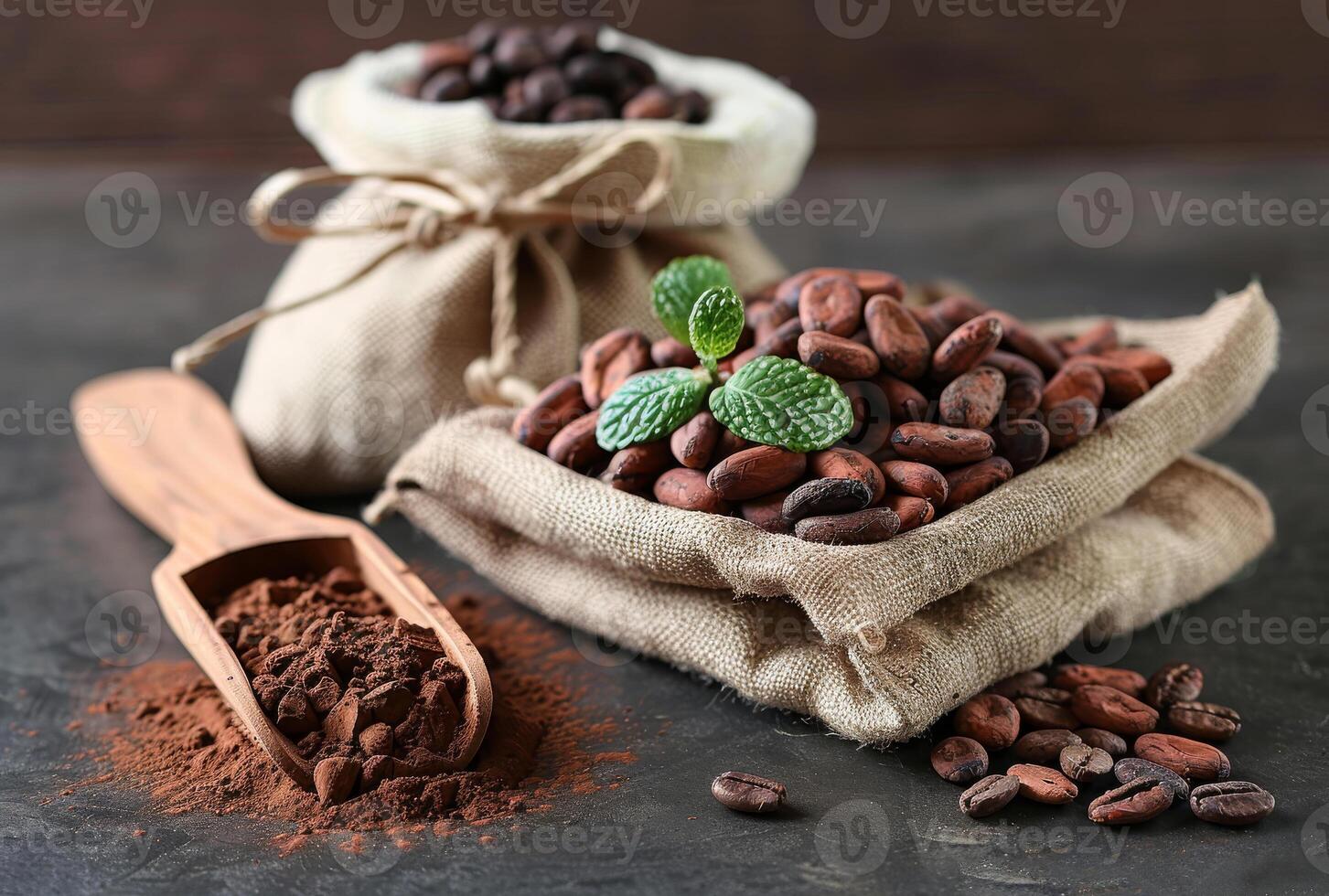 AI generated Cocoa beans in bag. Cacao is mainly made from cacao beans photo