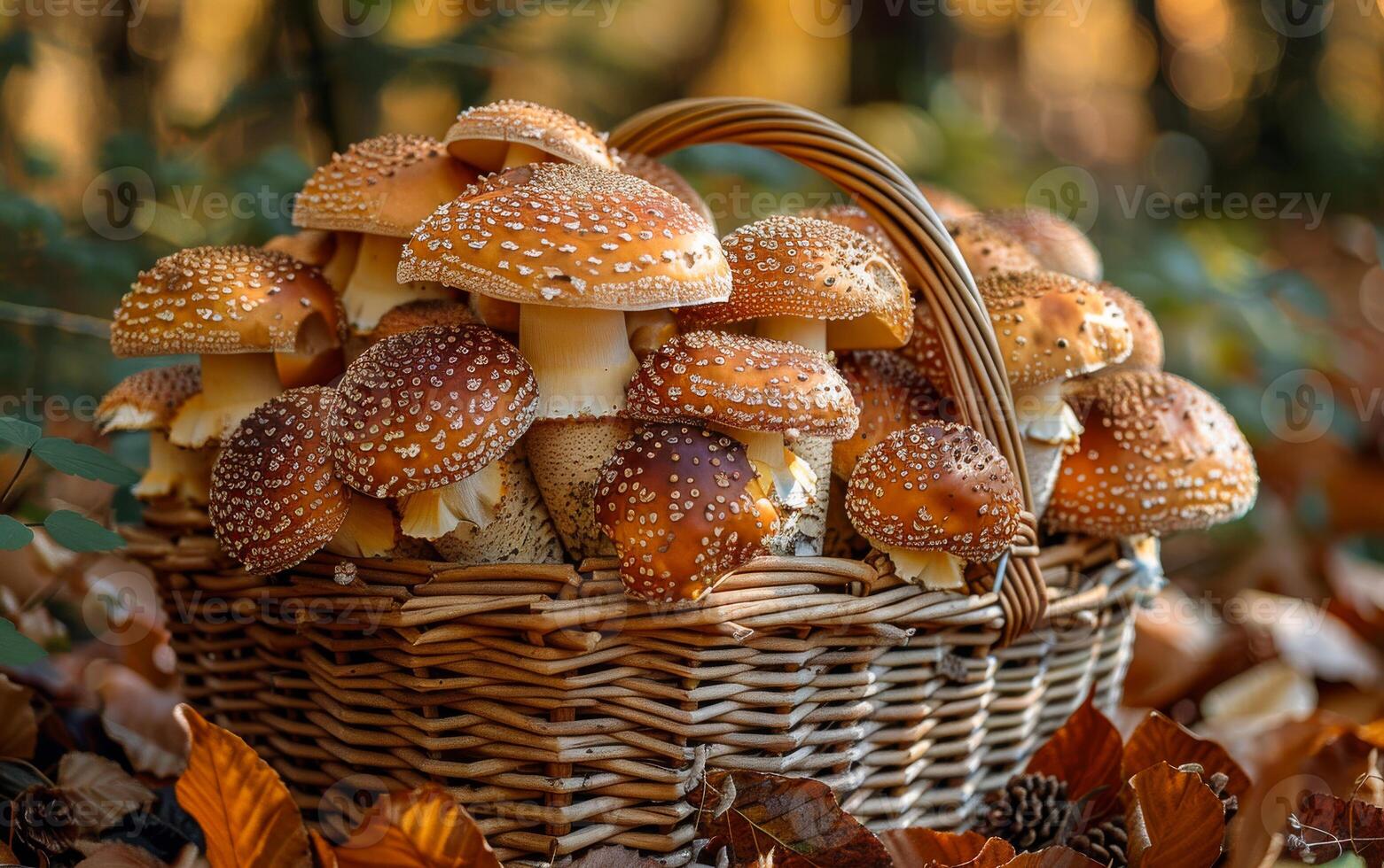 AI generated Mushrooms in basket in the autumn forest photo