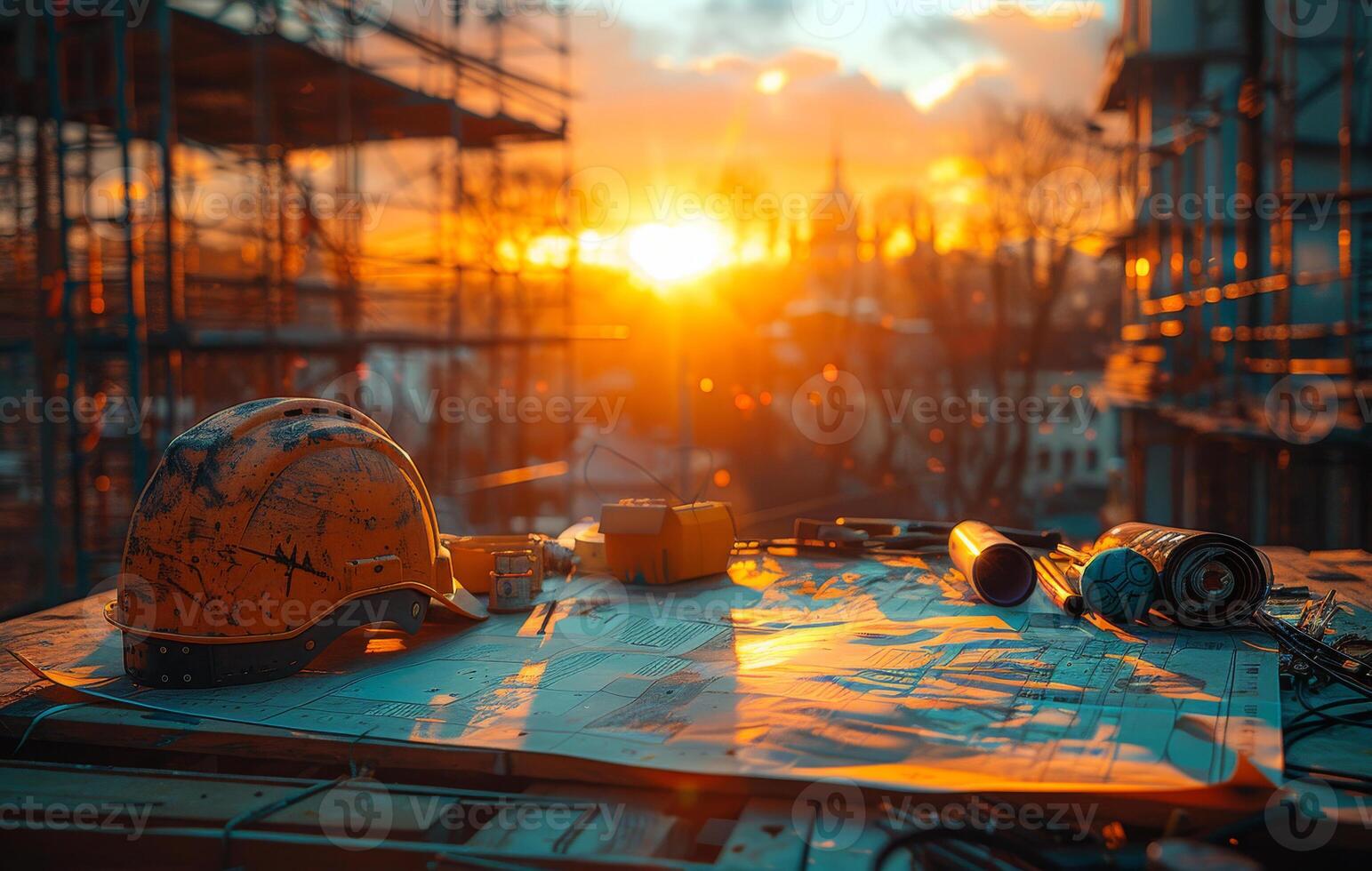 AI generated Construction helmet and tools on the table with sunset background photo