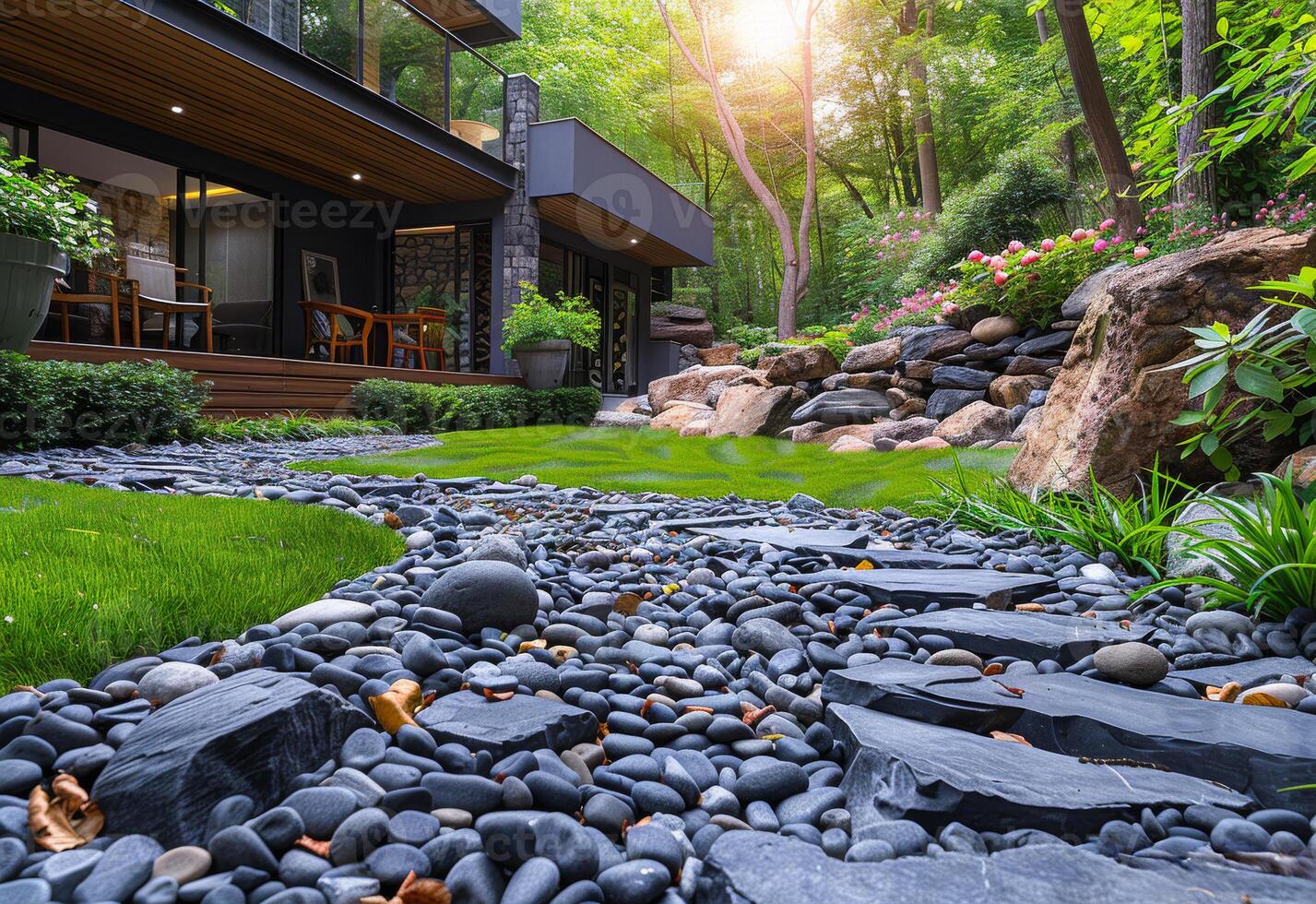 AI generated Beautiful house with garden and river with stone bed photo