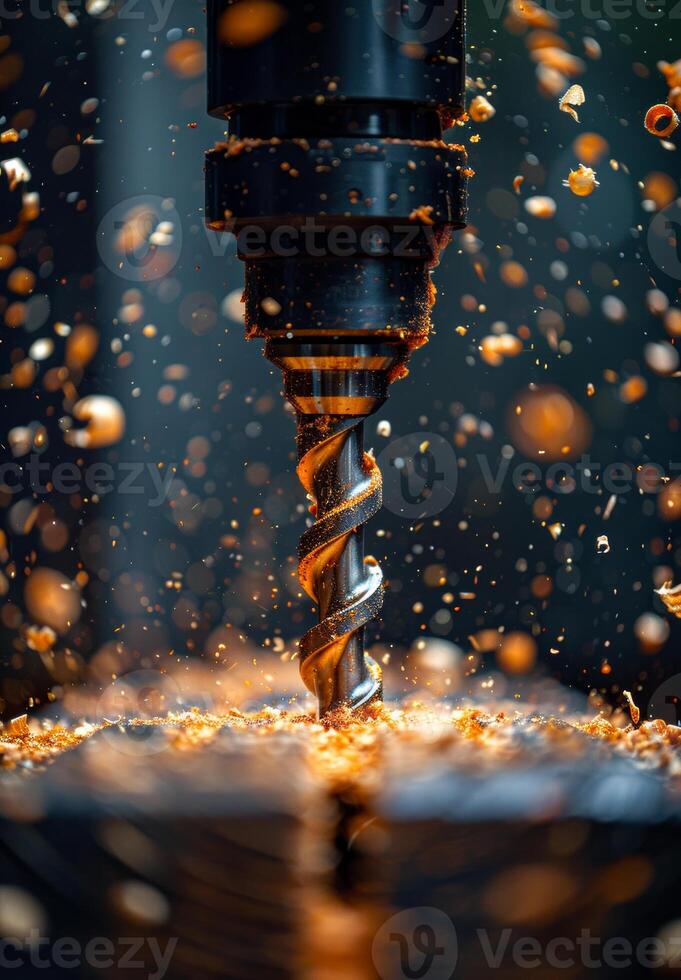 AI generated Mechanical engineering. A drill milling its way through metal photo