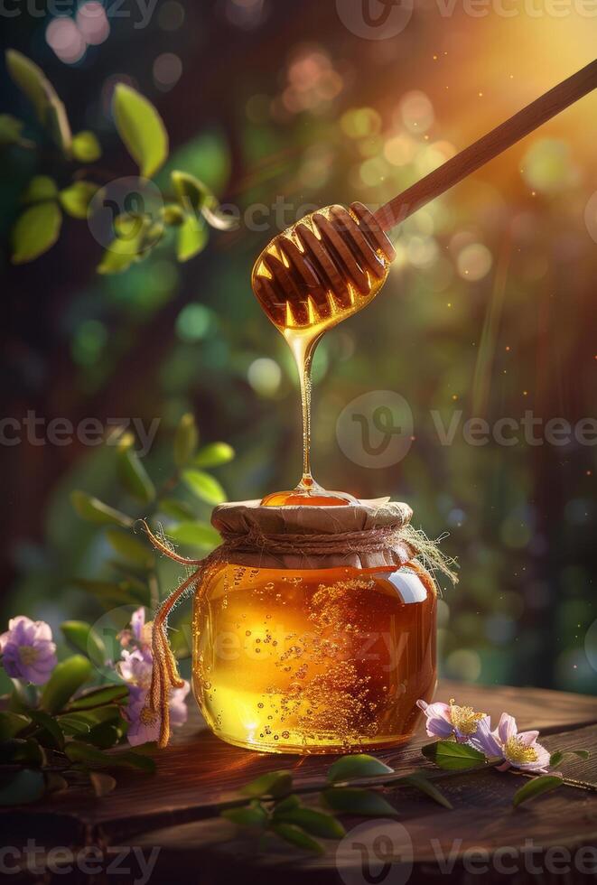 AI generated Honey dripping from wooden honey dipper in jar on blurred background of flowering garden photo