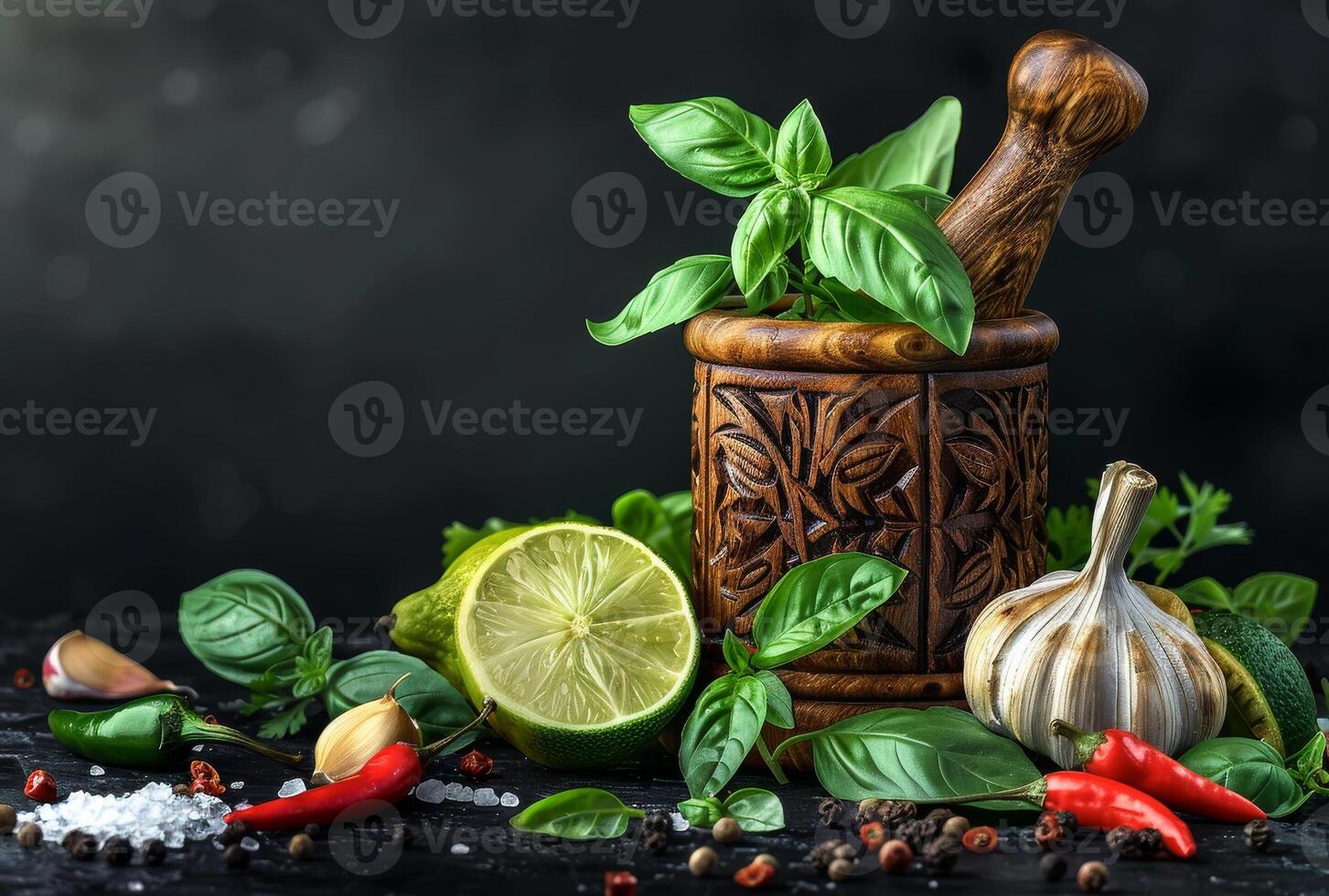 AI generated Fresh herbs and spices on black background photo