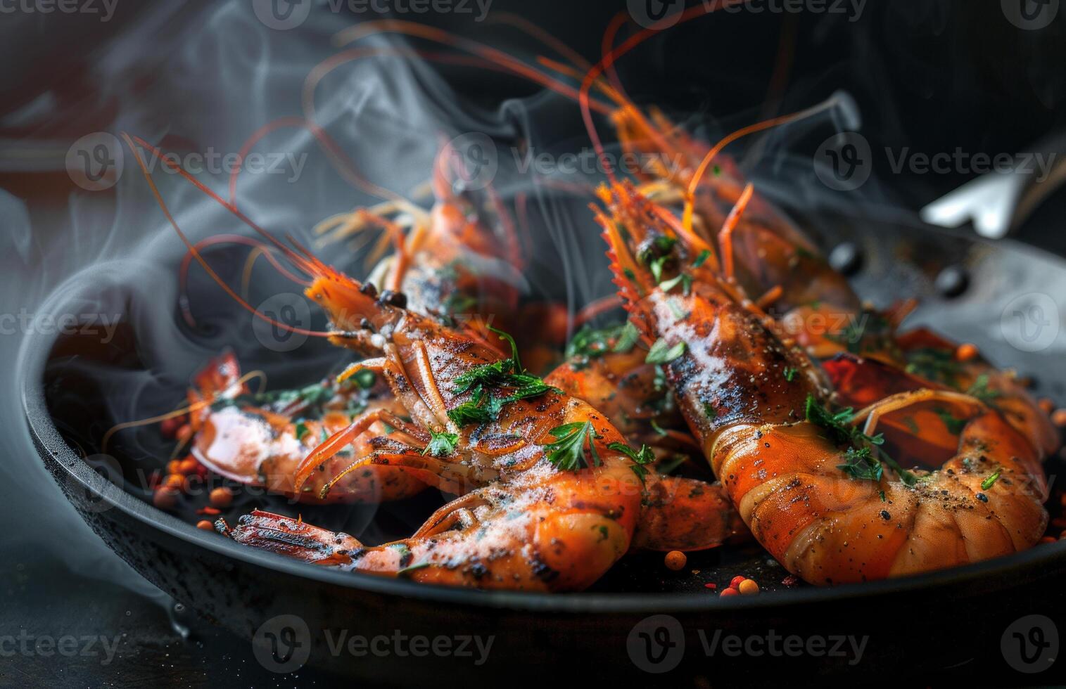 ai generado tradicional frito negro Tigre gamba con ajo y hierbas Ofrecido como de cerca en fritura pan foto