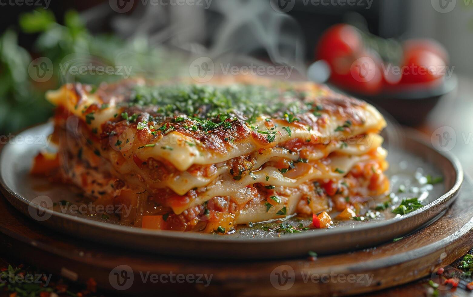 AI generated Lasagna with minced meat tomato sauce and cheese on plate photo