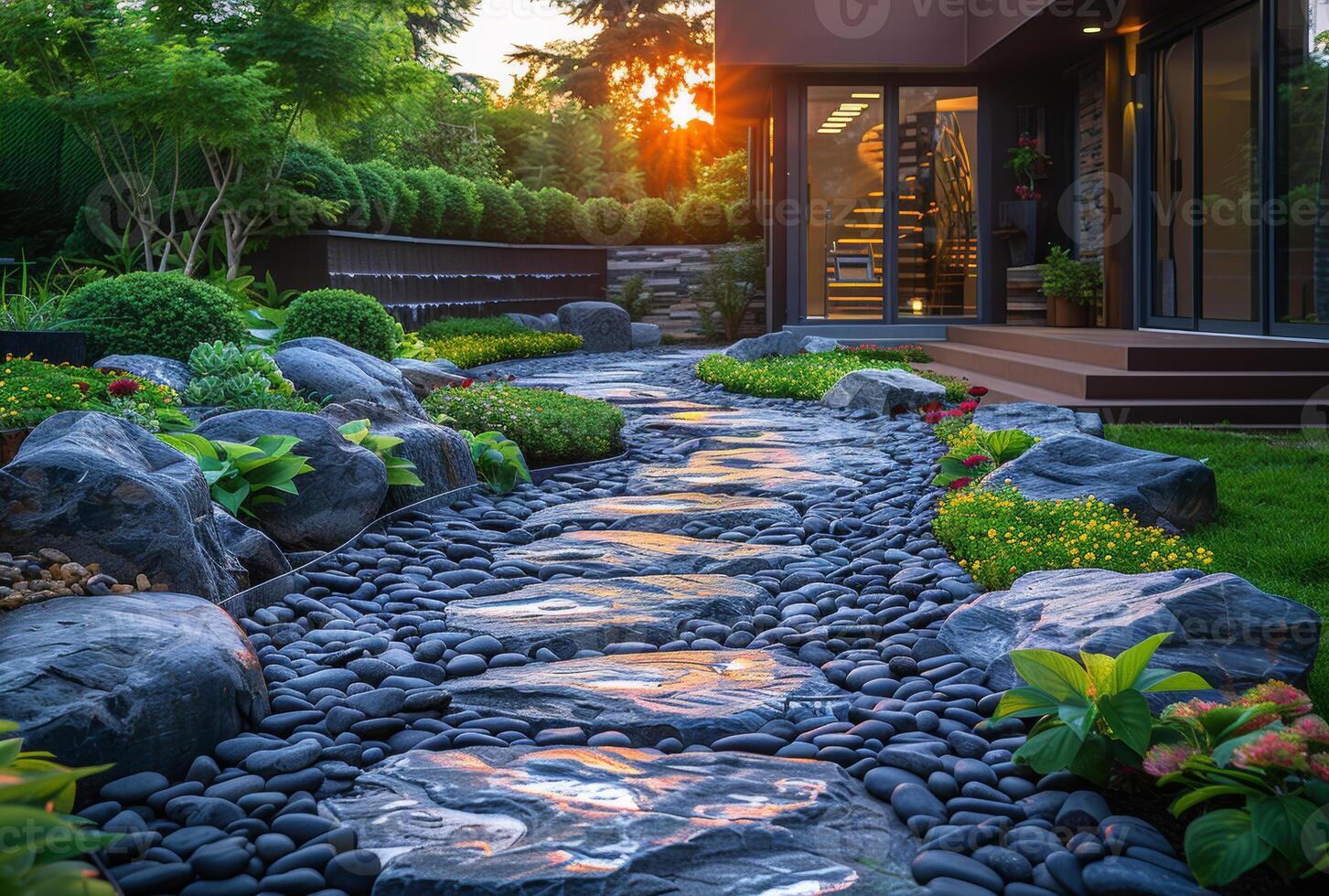 ai generado pequeño río carreras mediante el piedras en el jardín en el antecedentes de el casa iluminado a puesta de sol foto