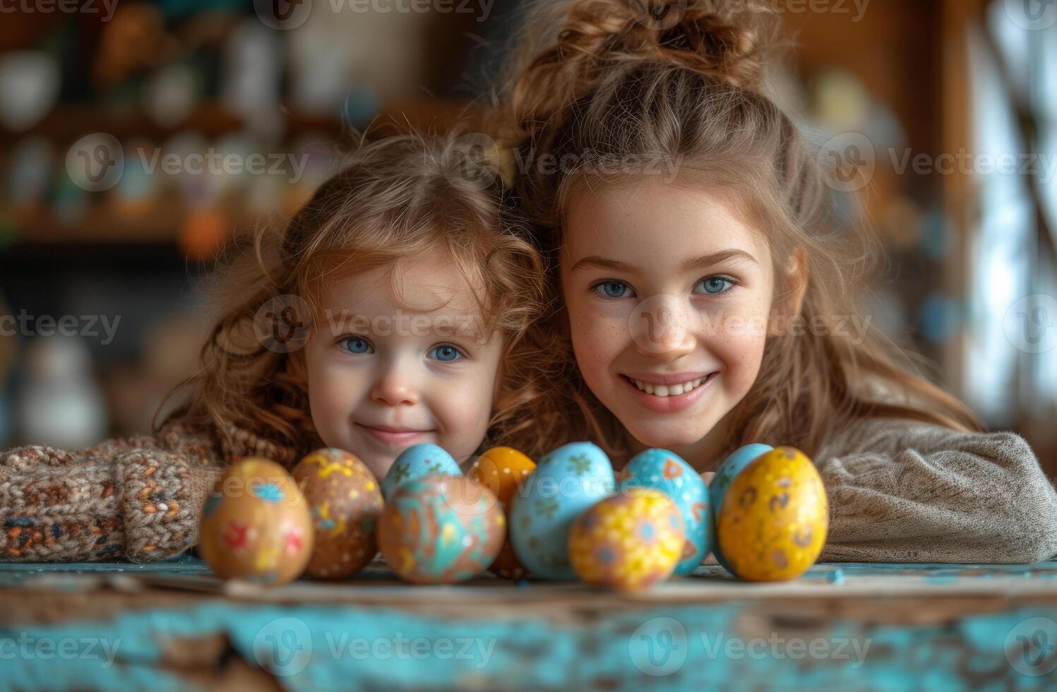 AI generated Two cute little sisters having fun on Easter egg hunt. Kids painting colorful eggs. photo