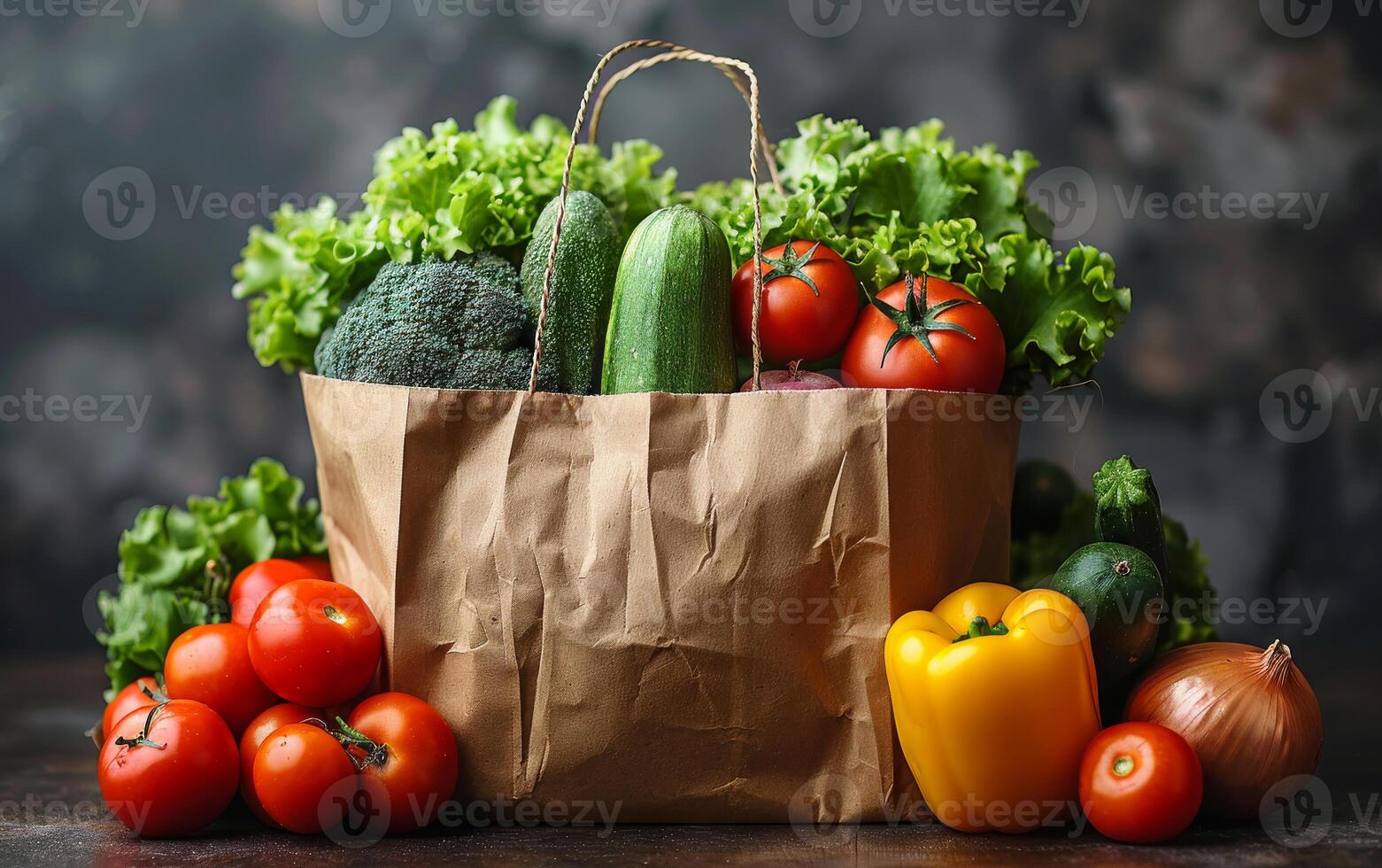 AI generated Fresh organic vegetables in paper bag on wooden table photo