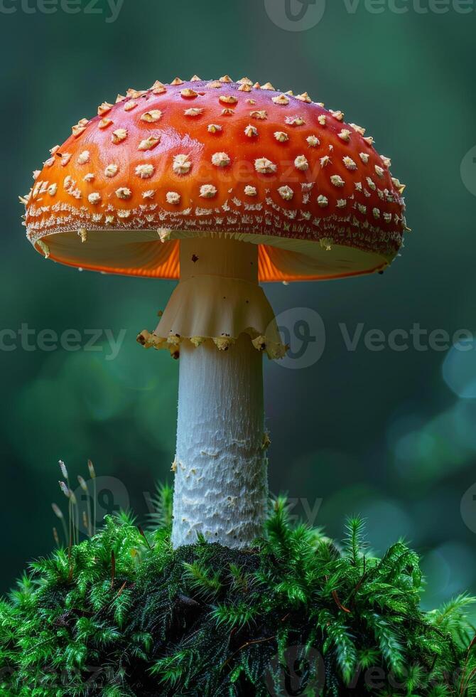 ai generado amanita muscaria es venenoso seta con rojo sombrero en el bosque foto