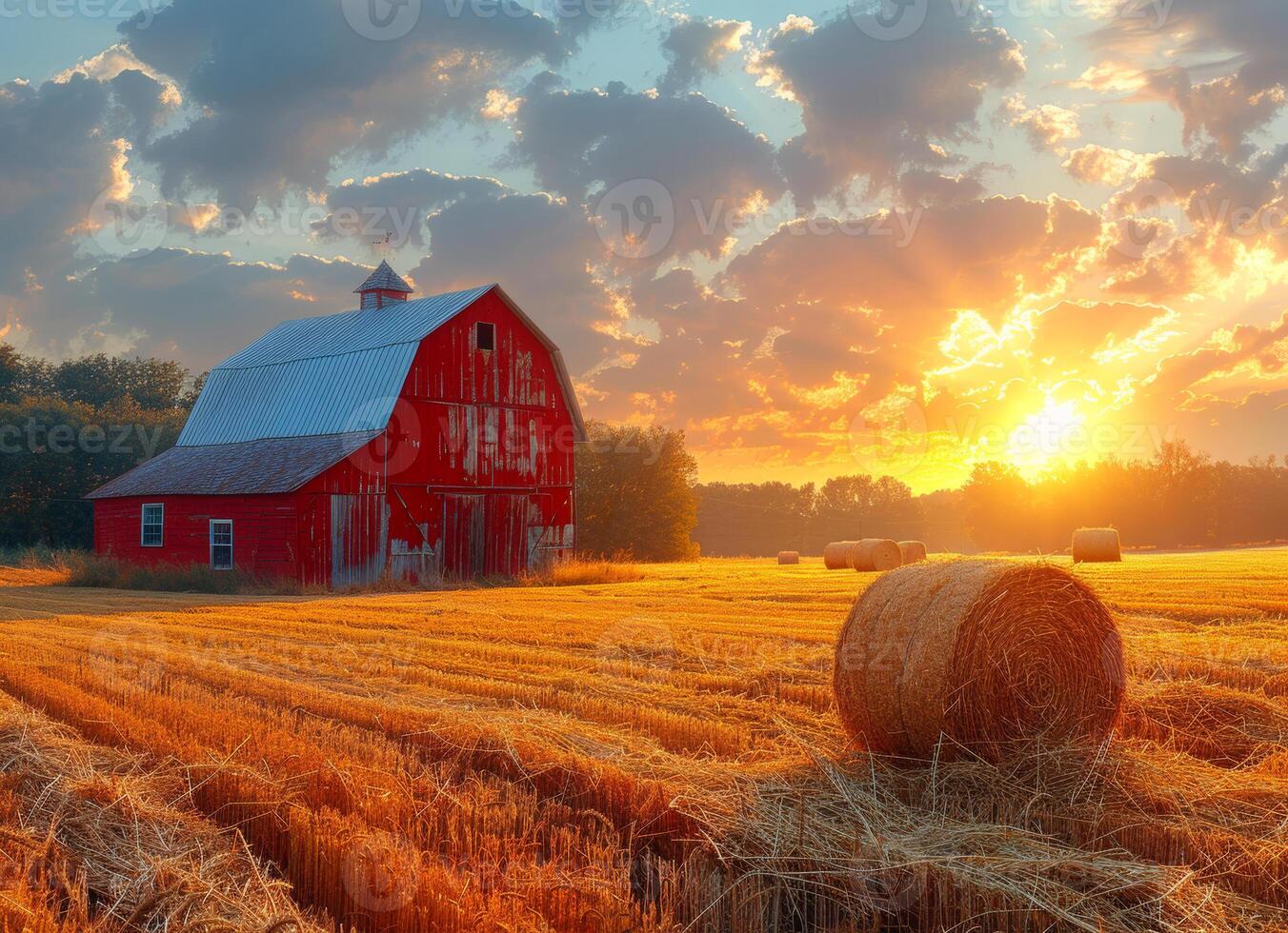 ai generado rojo granero y heno fardos sentar en campo a puesta de sol foto