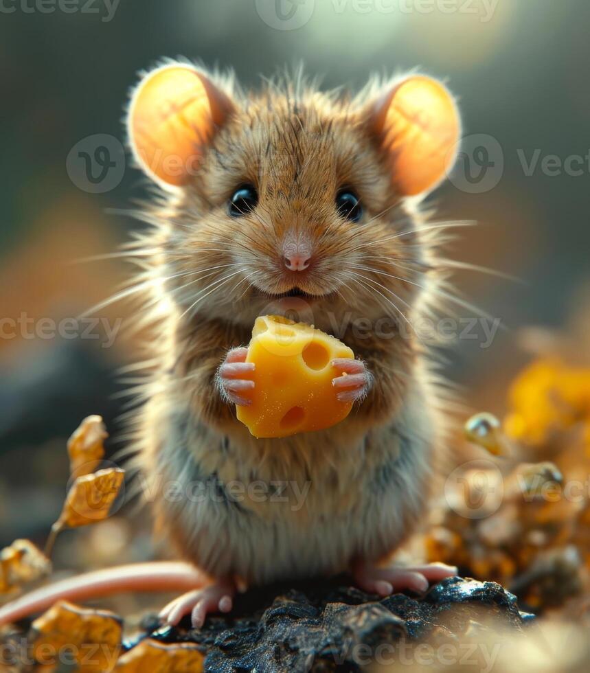 AI generated Wild Wood mouse sitting on the stump with cheese in the forest photo