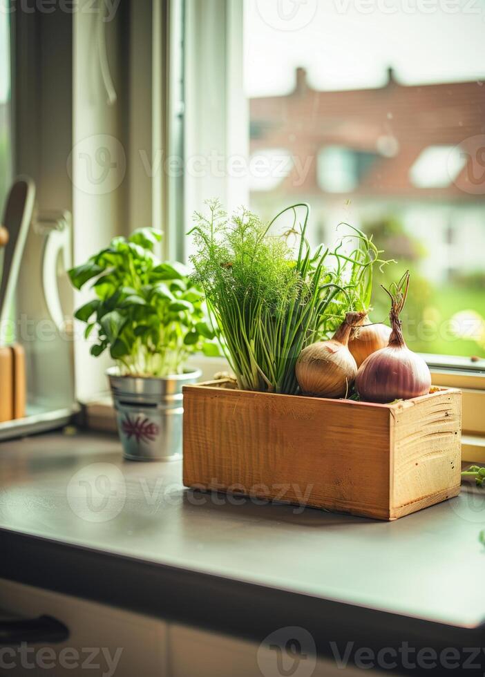 AI generated Onions and herbs in wooden box on kitchen counter photo