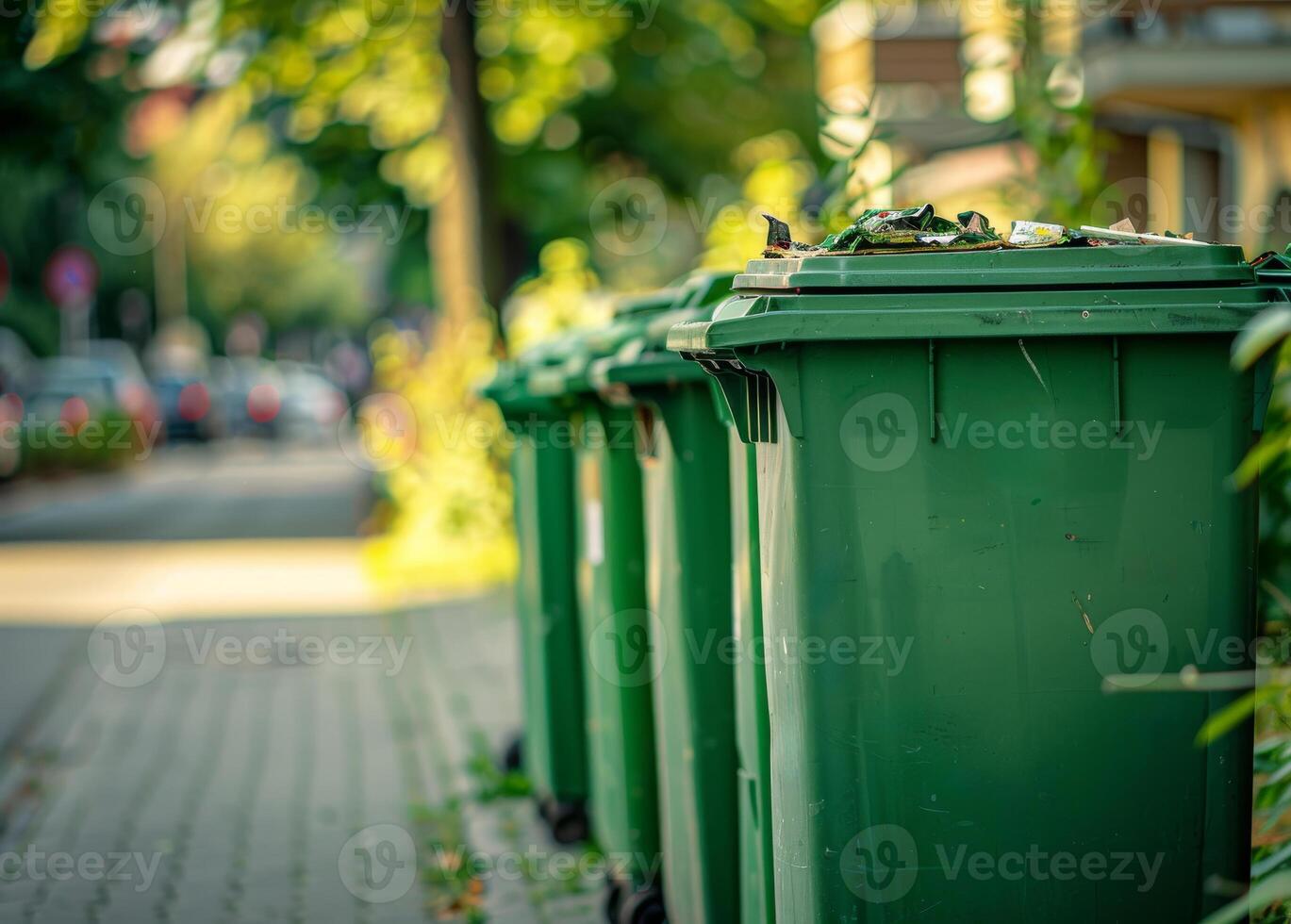 ai generado verde basura contenedores en fila en el calle foto