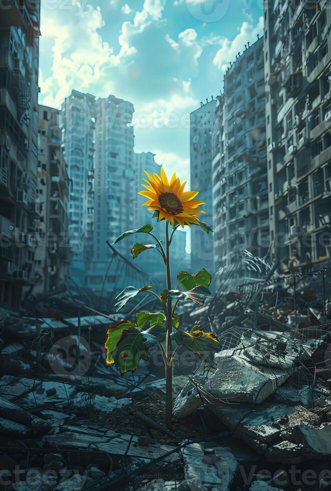 AI generated Sunflower growing in destroyed city. photo