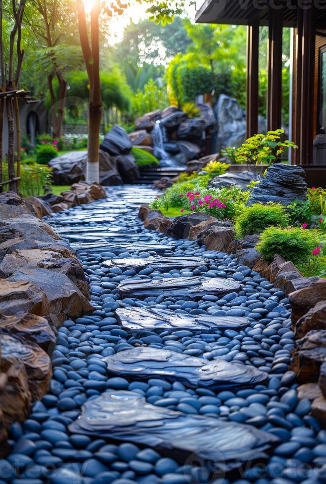 AI generated The stone path is in the garden with waterfall and blue stone in the park photo