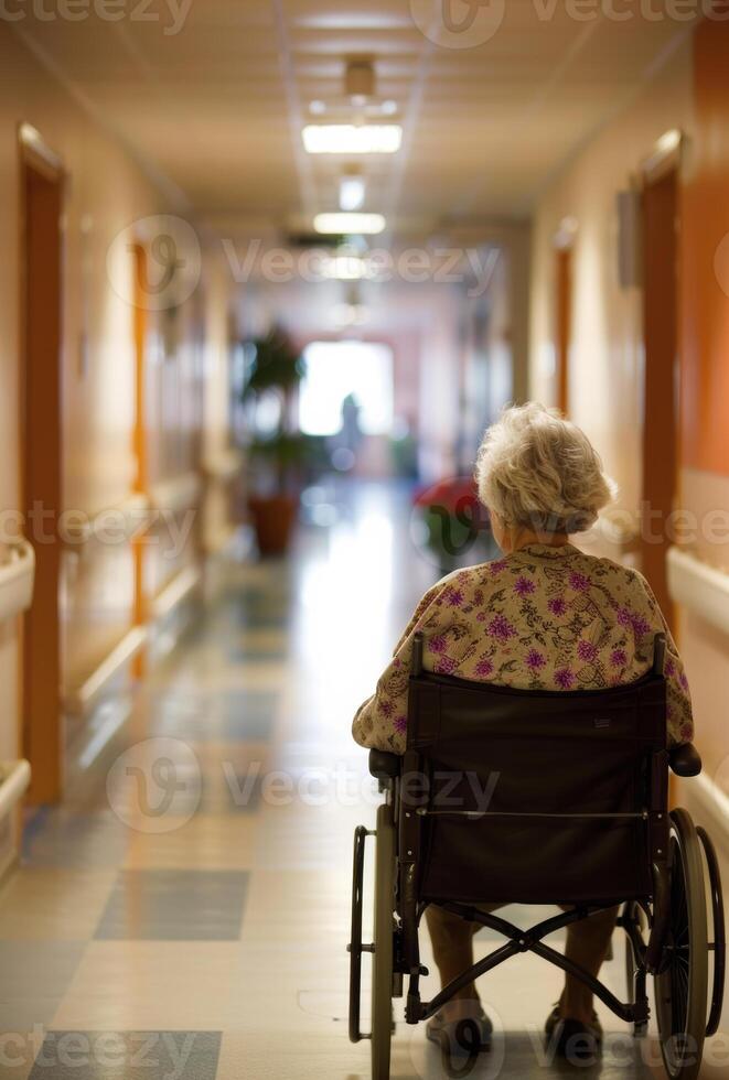 AI generated Elderly woman in wheelchair. Government controlled retirement programs photo